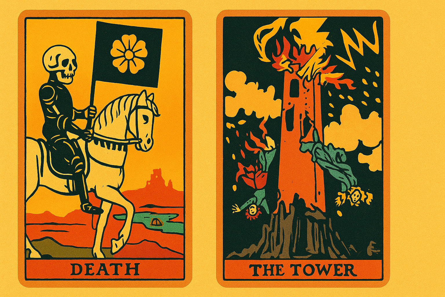The combination of the Tower and Death Tarot cards symbolizes inevitable destruction and complete rebirth. Find out what this combination means in love, career, and life.