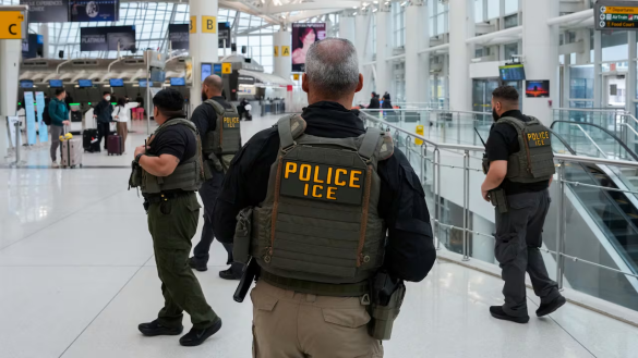 ICE agents deployed to US airports to manage security lines. Trump moves 100s of officers to 14 hubs like JFK and ATL during the 2026 government funding deadlock.