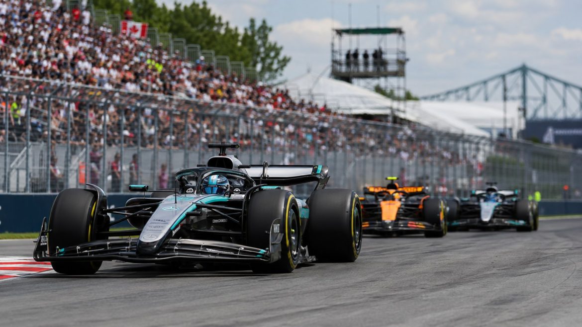 F1 Canadian GP sprint saw George Russell win for Mercedes after Kimi Antonelli twice went wide and Norris finished second.