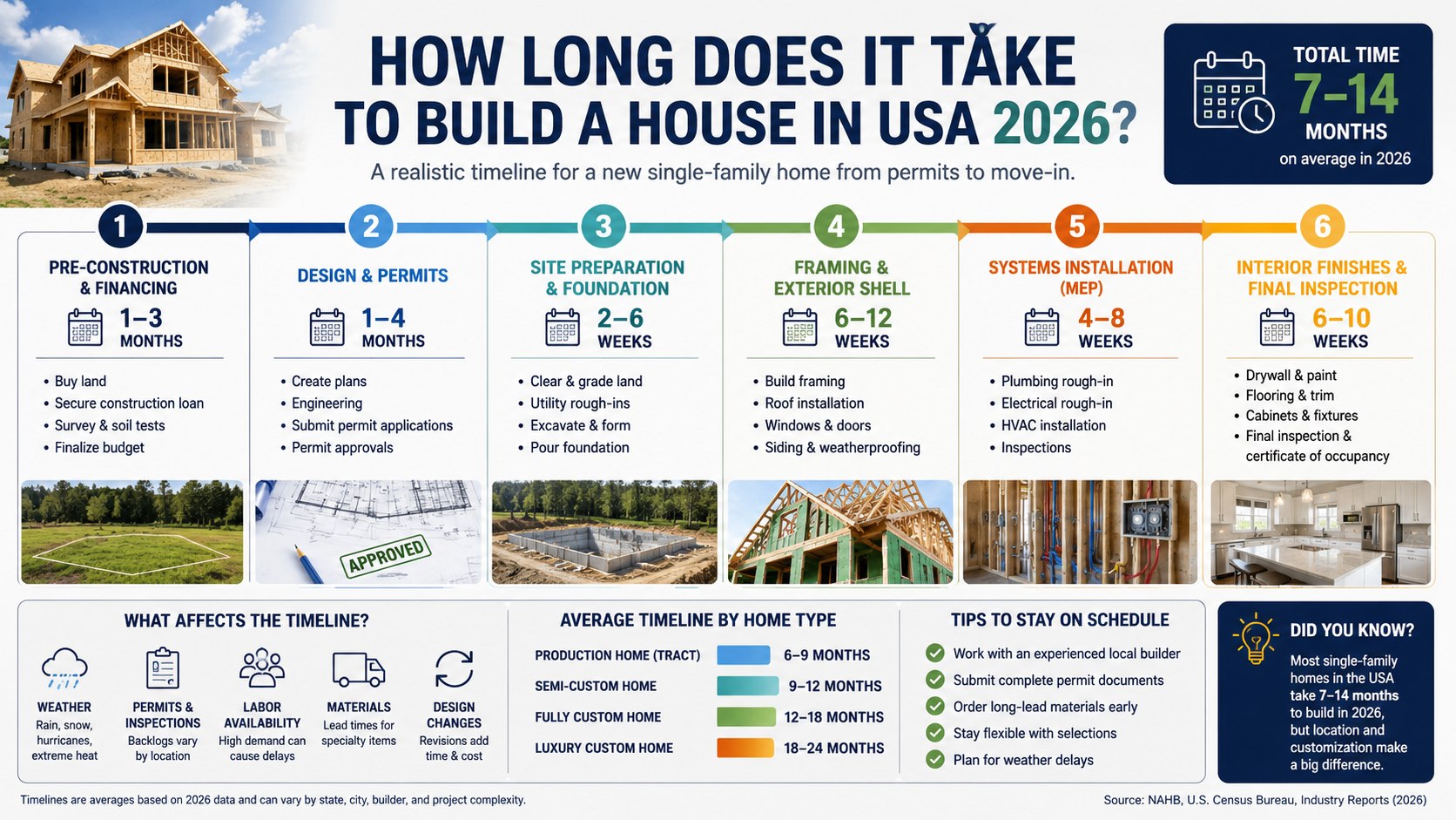 House Construction Timeline USA 2026: Average Building Time, Weather Delays, and Costs
