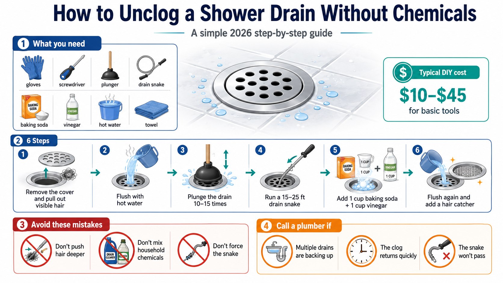 How to Unclog a Shower Drain Without Chemicals Using a Snake and Baking Soda