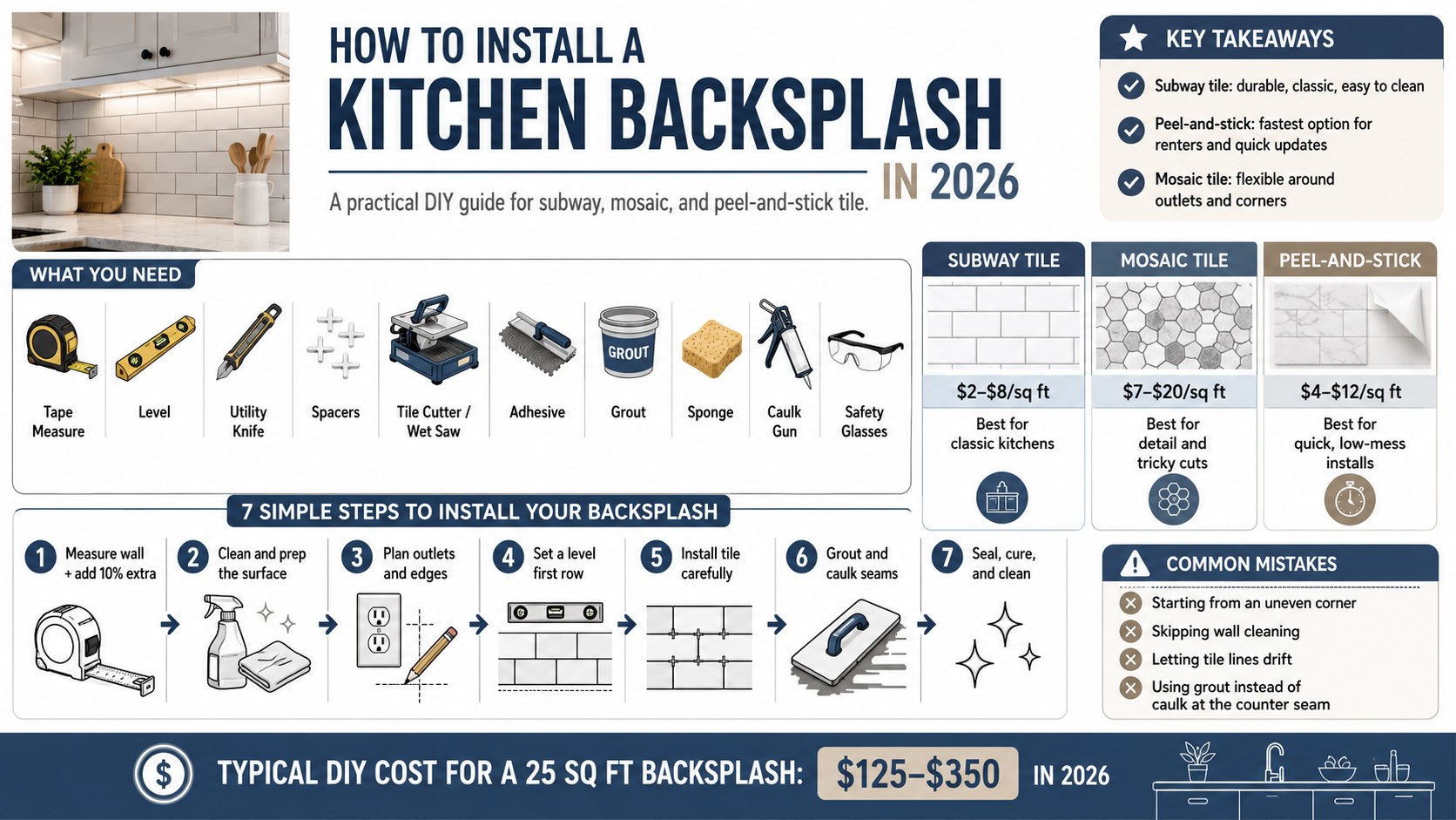 How to Install a Kitchen Backsplash in 2026 Without Crooked Tile or Costly Mistakes