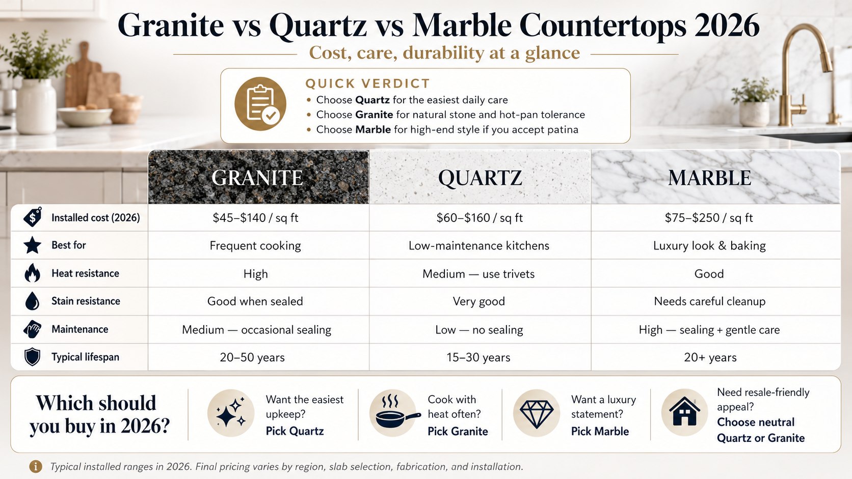 Granite vs Quartz vs Marble Countertops 2026: Cost, Care, Durability