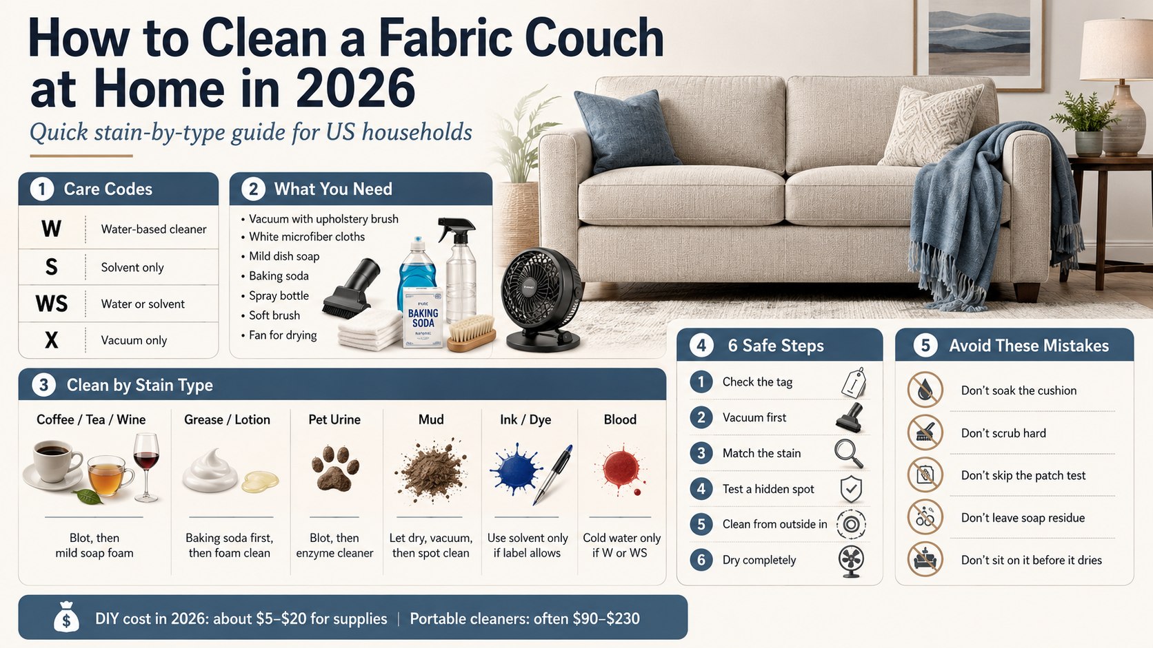 Fabric Couch Cleaning in 2026: Care Codes, Stains, Costs and FAQ