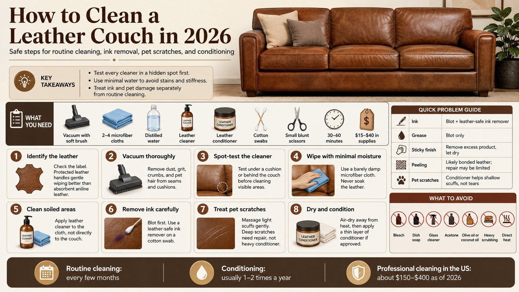 How to Clean a Leather Couch: Safe Steps for Ink, Scratches, and Conditioner