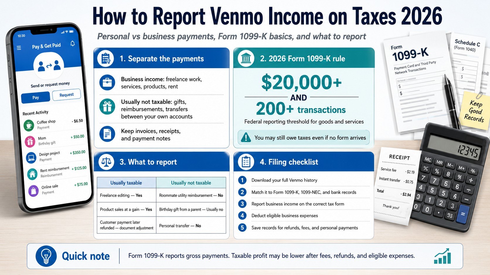 Venmo Tax Rules 2026: Form 1099-K, Schedule C and Personal Transfers