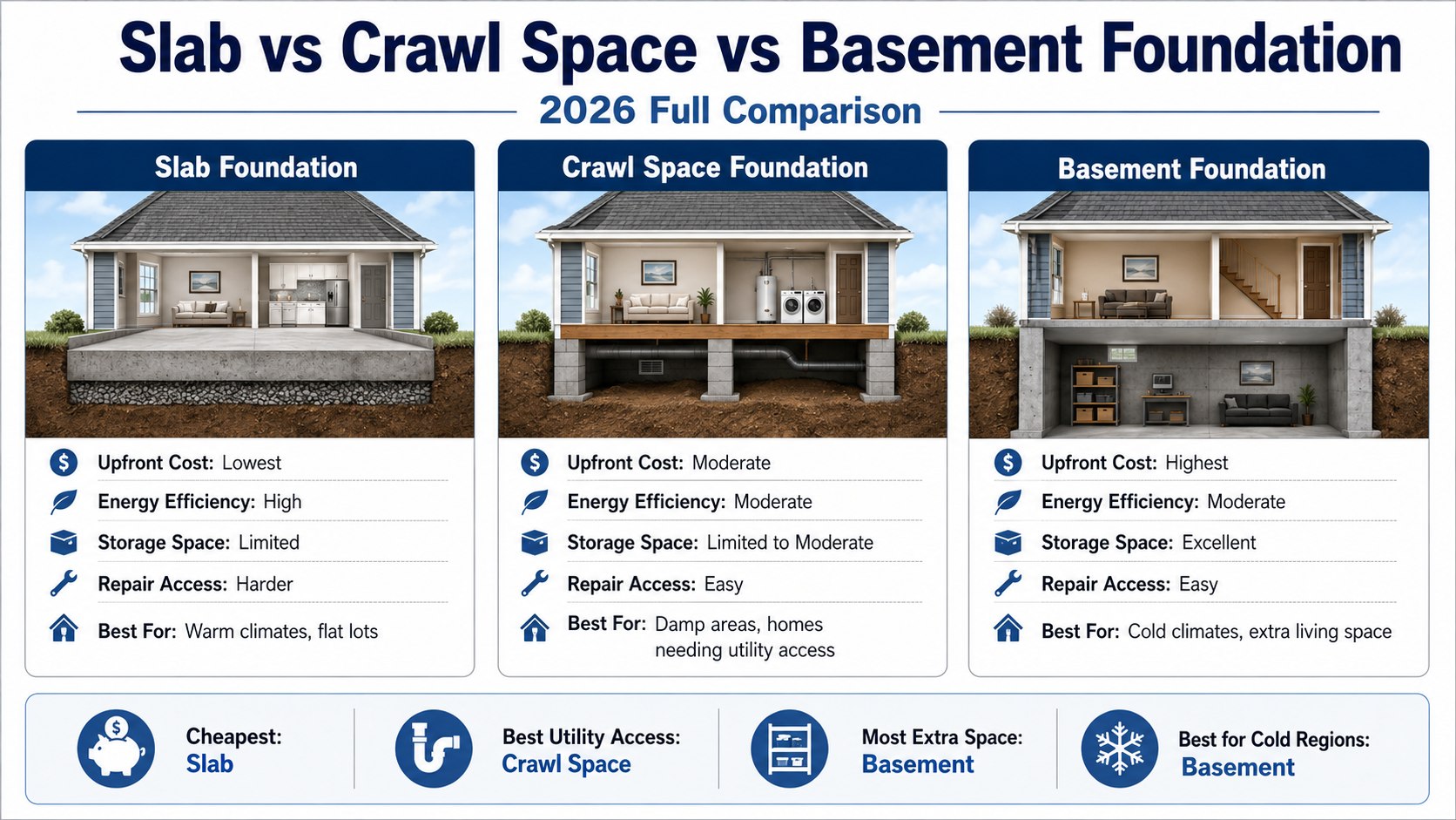 Which Foundation Is Best in 2026? Compare Slab, Crawl Space and Basement Costs