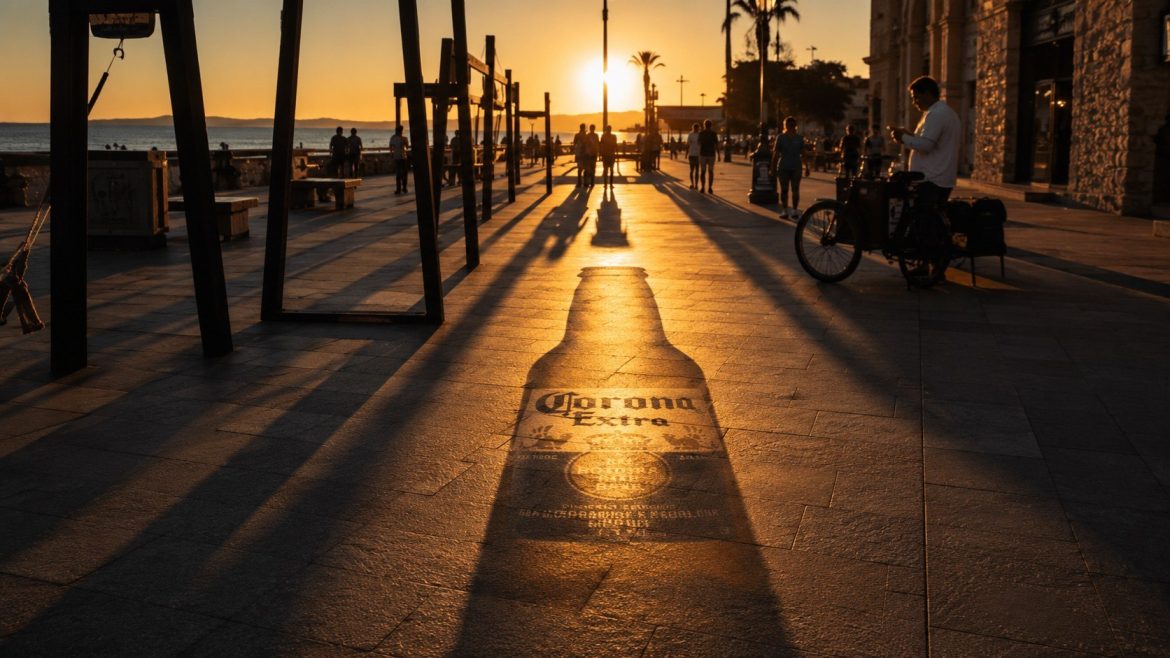 Corona sunset ad uses natural light and street shadows to create a bottle silhouette visible for only several minutes each evening.