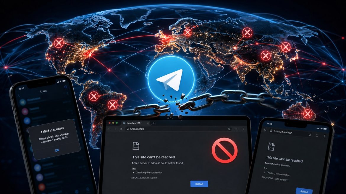 Telegram not working worldwide after the t.me domain received a registry suspension, disrupting channel, profile, bot, Wallet, and Mini App links.