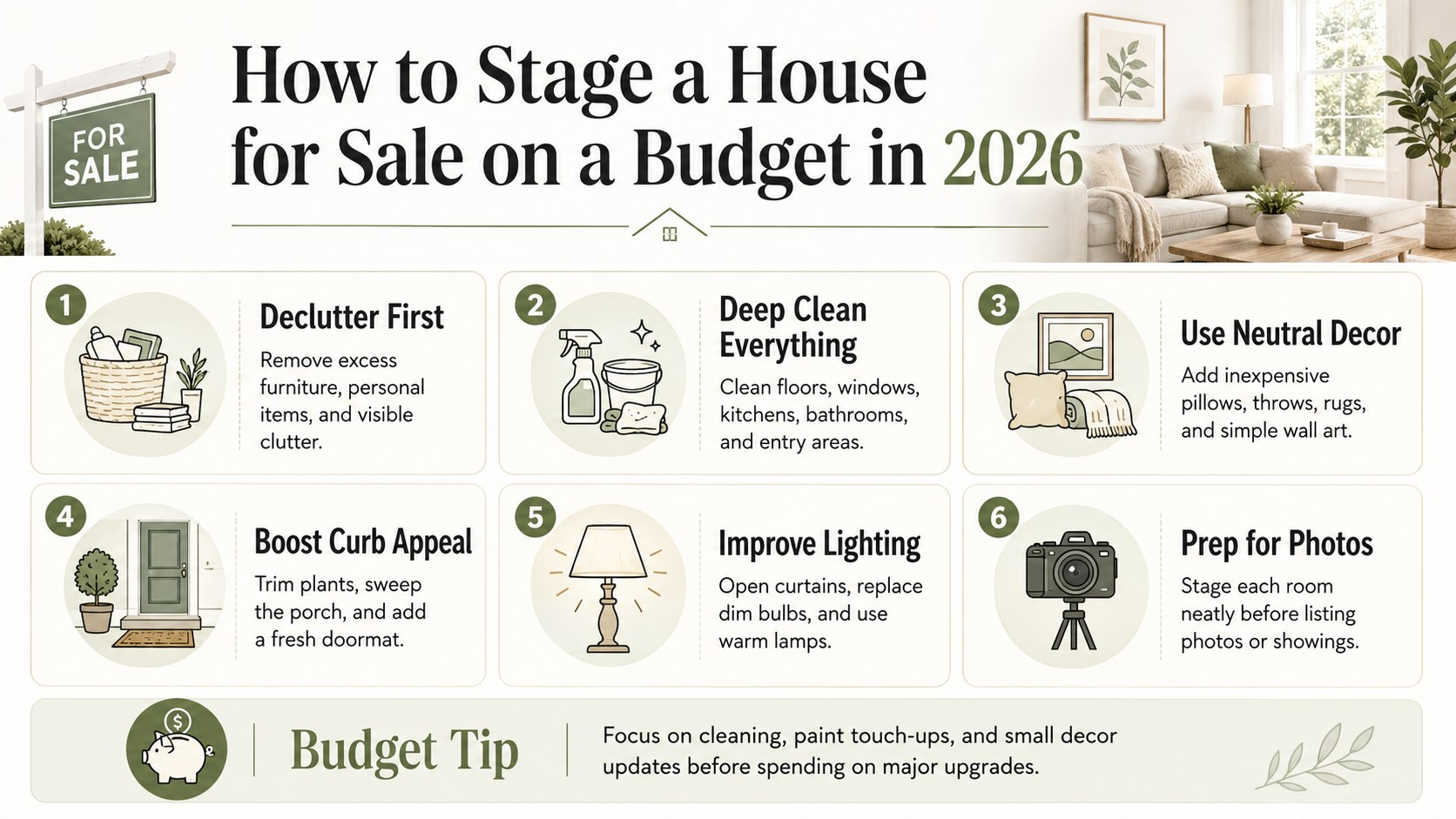 Budget Home Staging in 2026: Rooms, Decluttering and Listing Photos