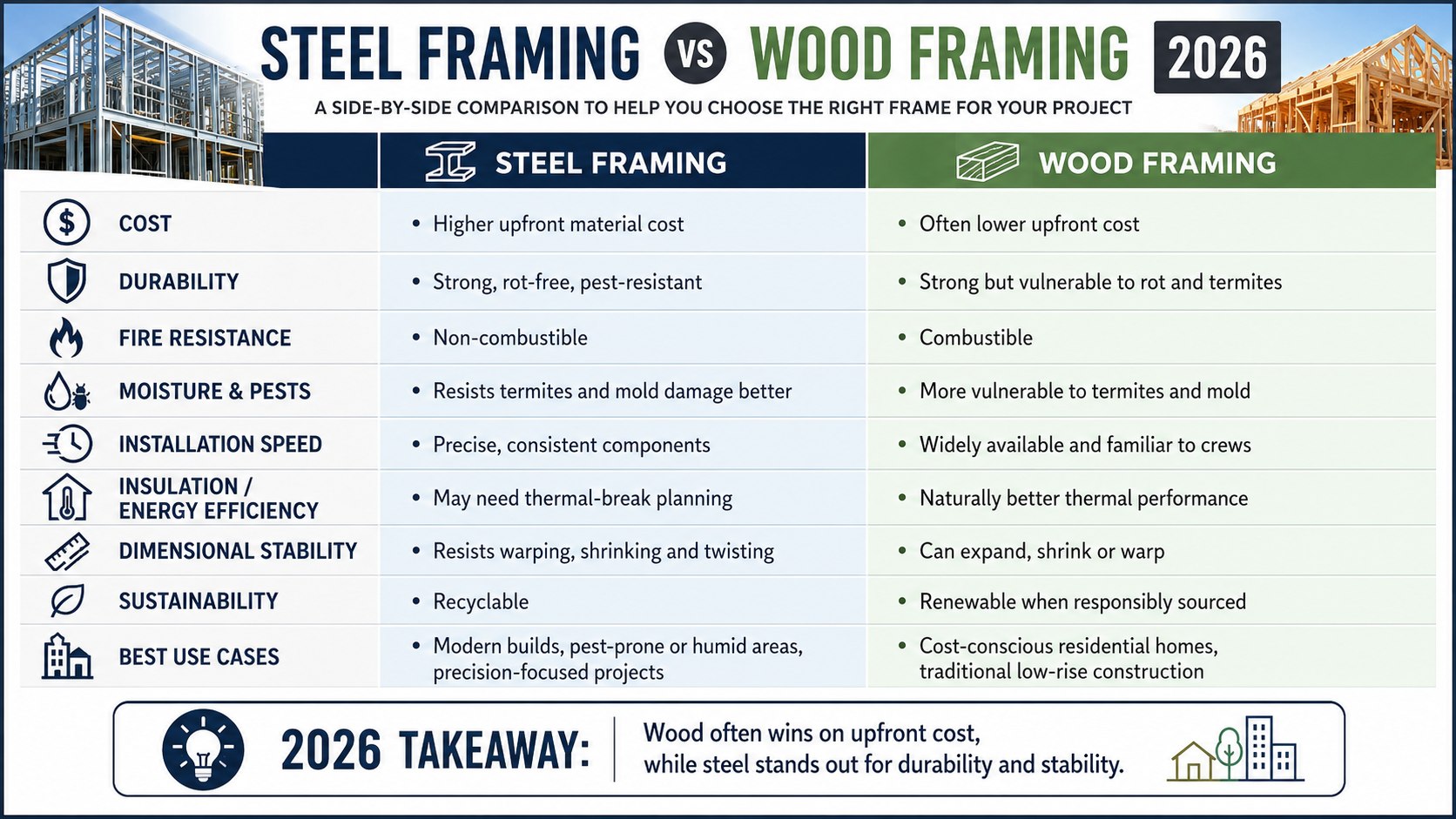 Steel Framing vs Wood Framing 2026: Costs, Durability and the Better Choice