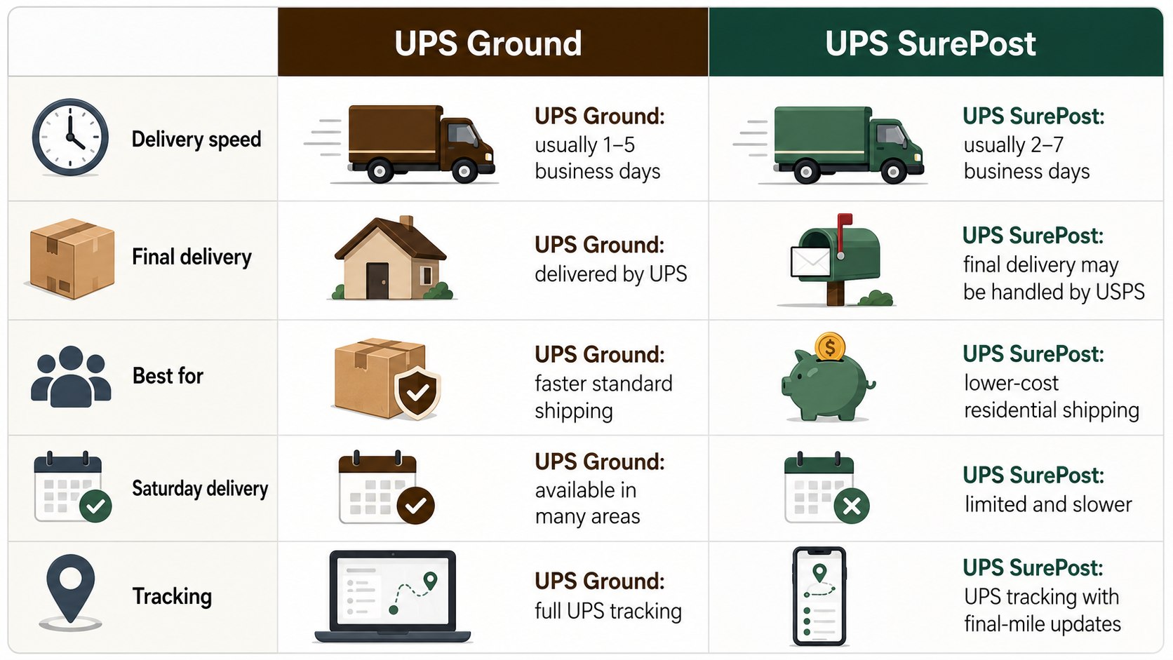 UPS Ground vs UPS SurePost Difference 2026: Speed, Cost and USPS Handoff