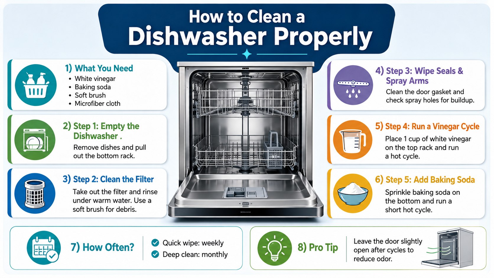 How to Clean a Dishwasher Properly in 2026: Vinegar, Baking Soda and Filter Steps
