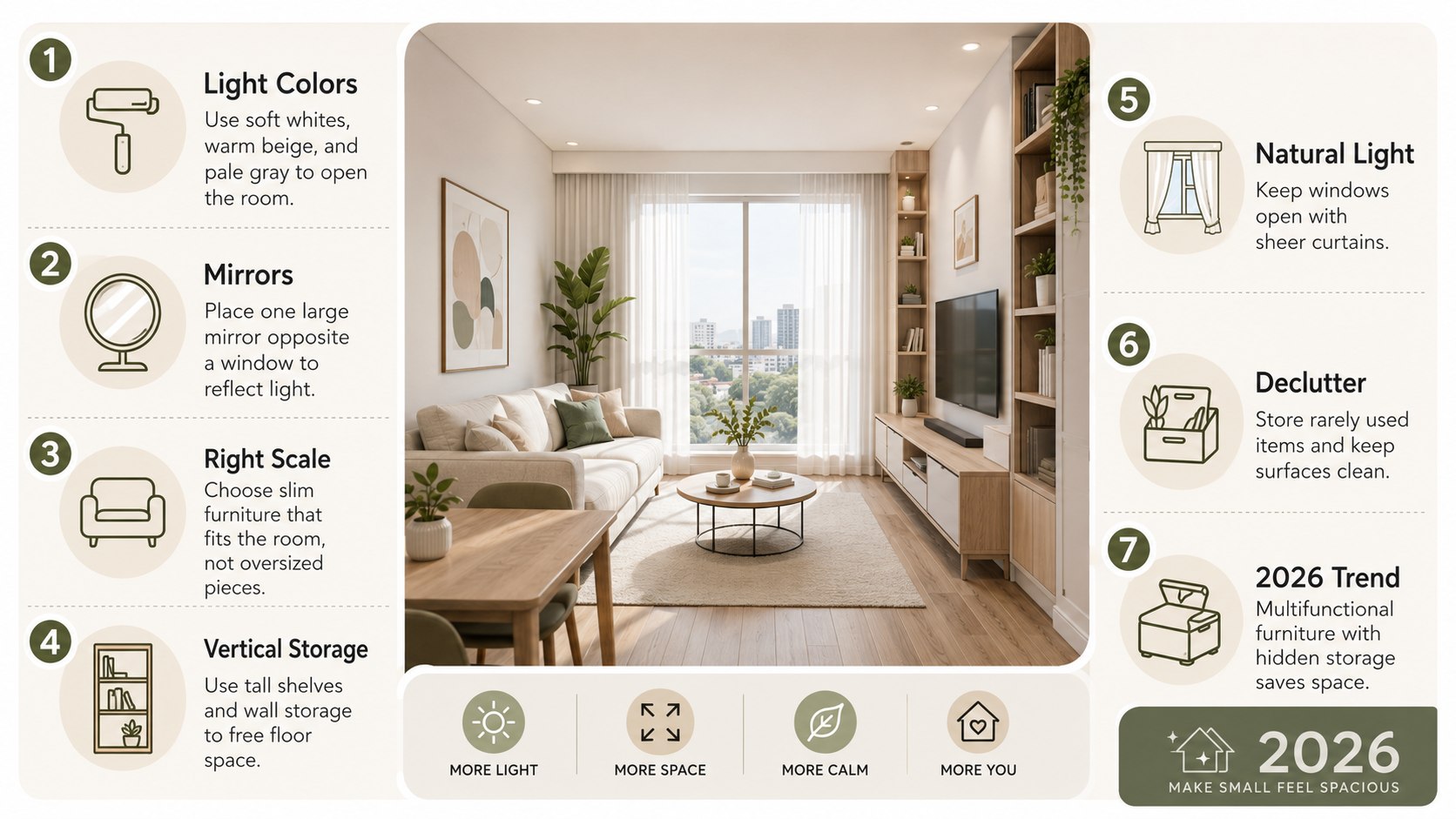 Small Apartment Decorating Ideas 2026: Color, Mirrors and Furniture Scale