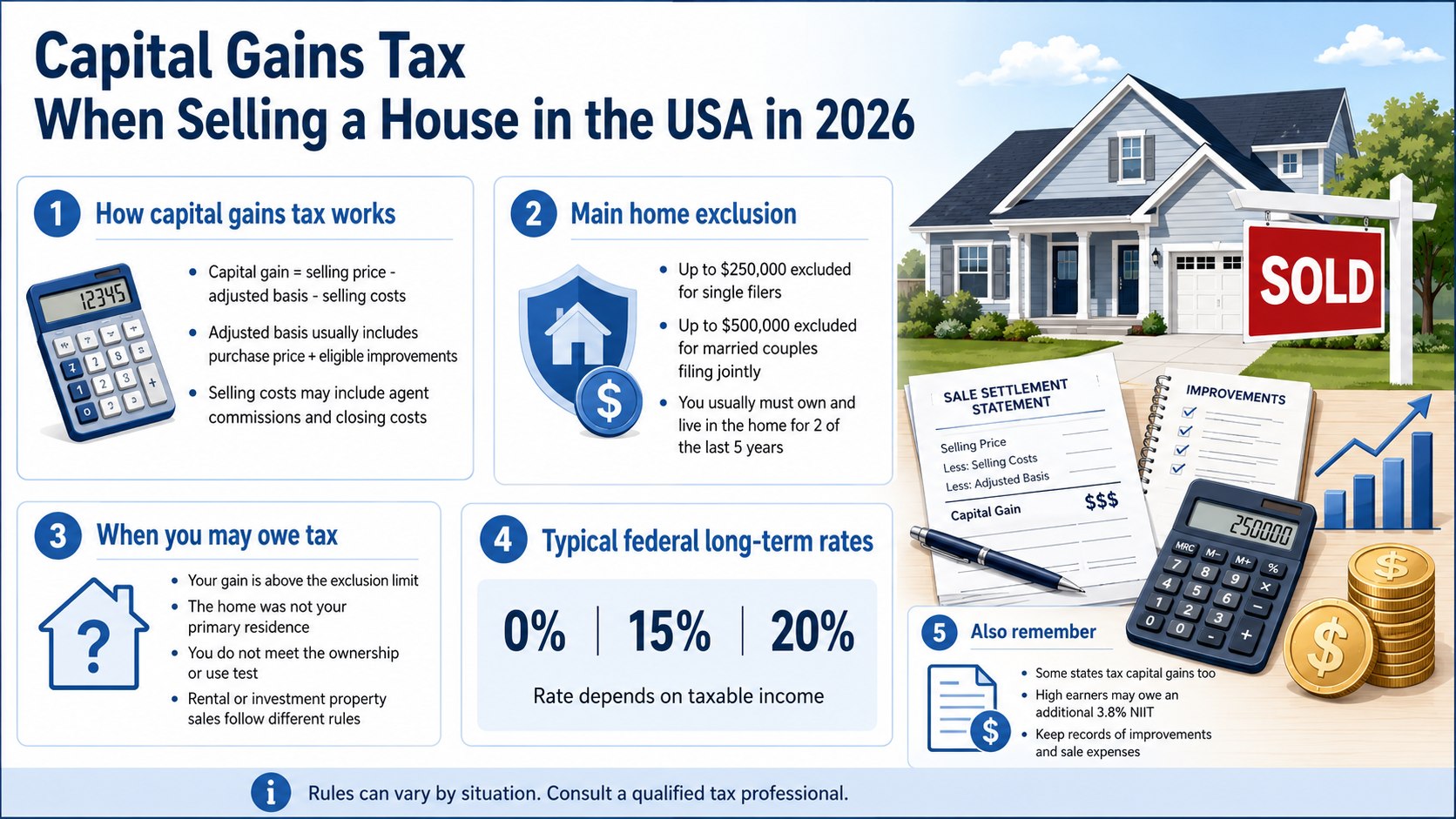 Capital Gains Tax When Selling a House in USA 2026: $250K and $500K Exclusions