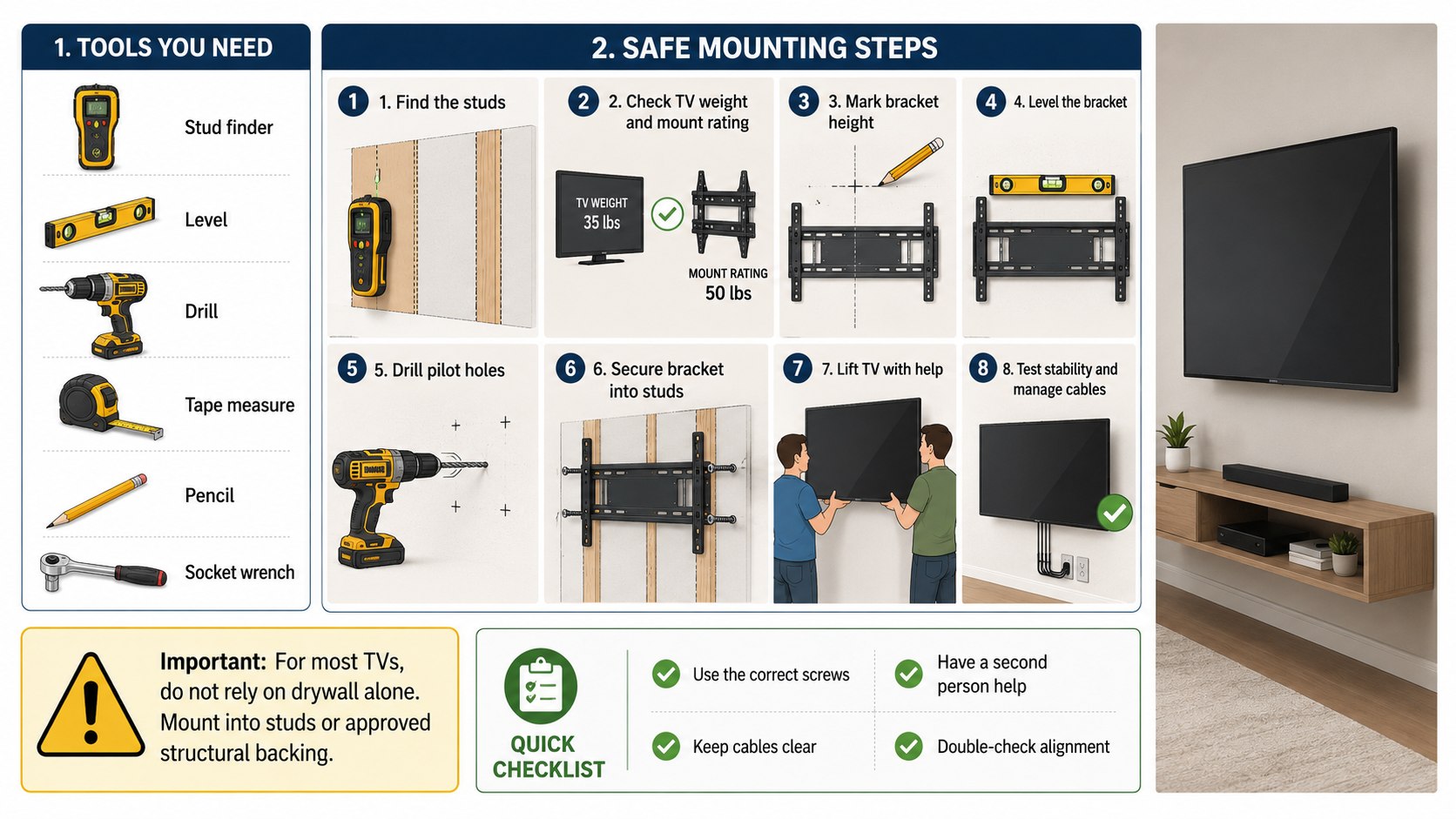 TV Mounting on Drywall: How Studs, Anchors and Screen Weight Change the Installation