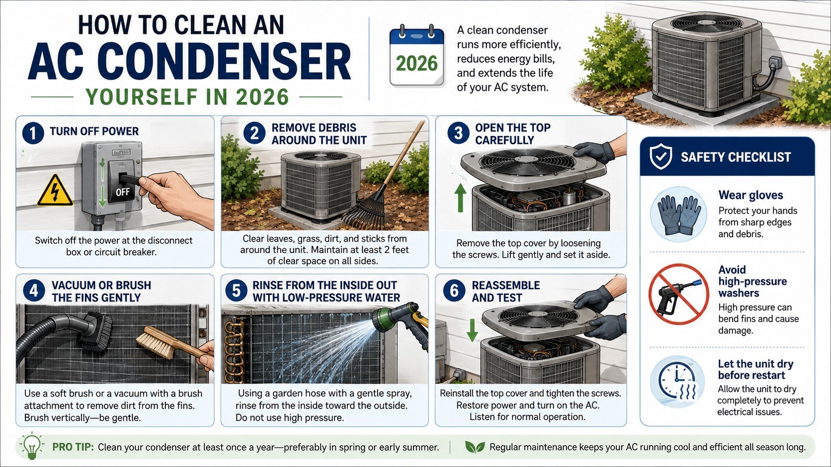 How to Clean an AC Condenser Yourself: 8 Steps That Protect Coils and Fins