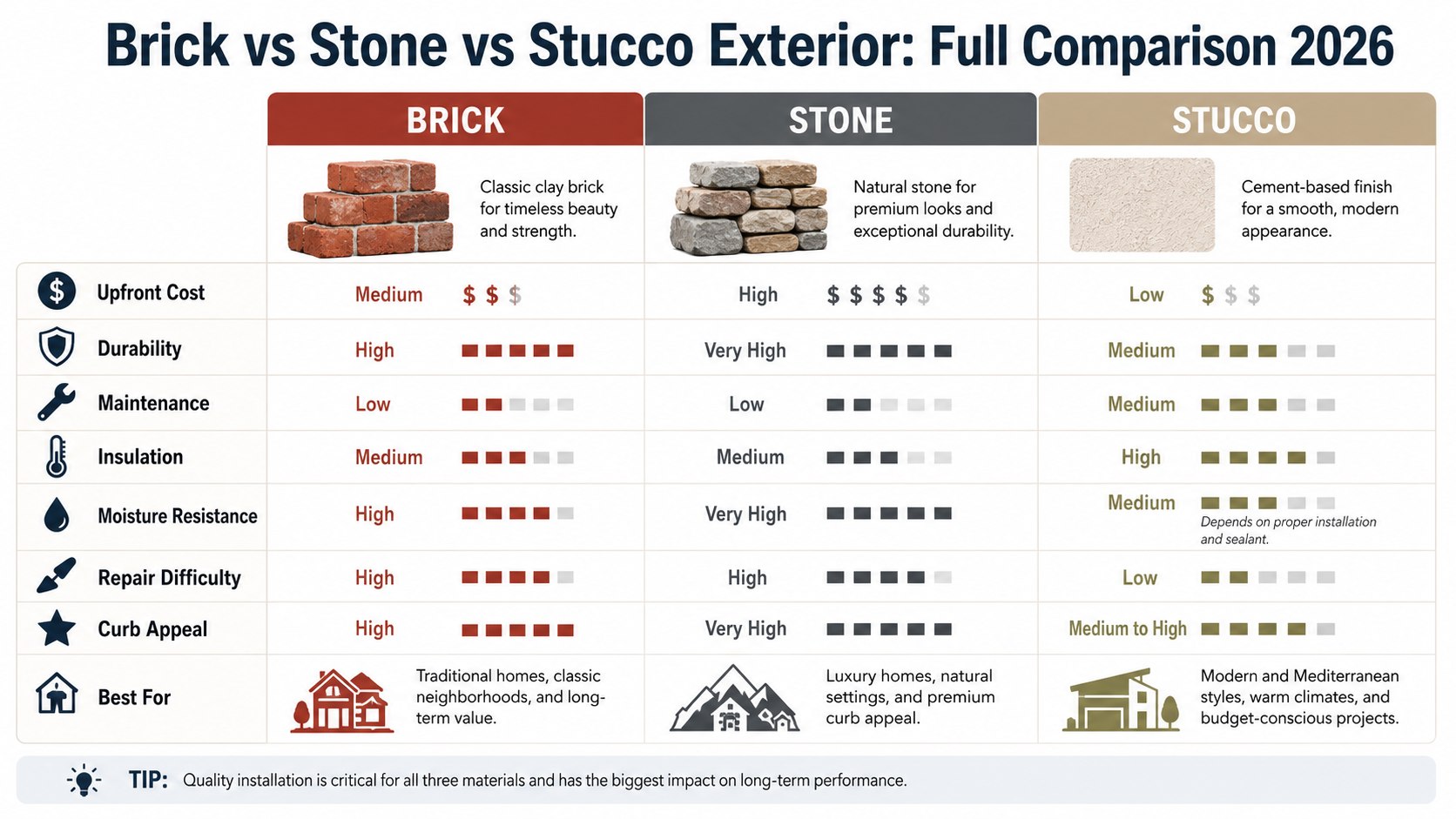 Which House Exterior Costs Less in 2026? Brick, Stone Veneer and Stucco Compared