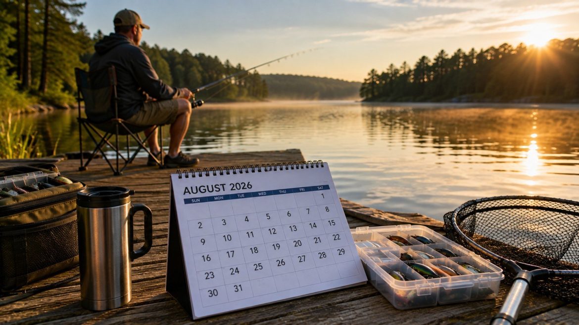 Fishing calendar for August 2026 in the USA with the best days, moon phases, regional species, weather risks, regulations and practical angling tips.
