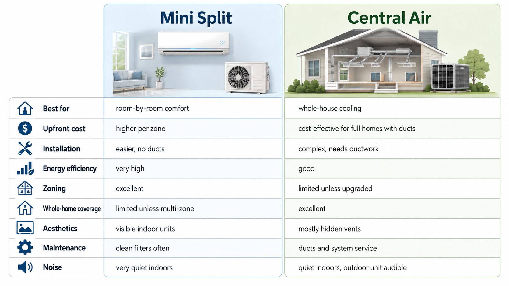 Mini Split vs Central Air for a House 2026: Costs, Zones and the Better Choice