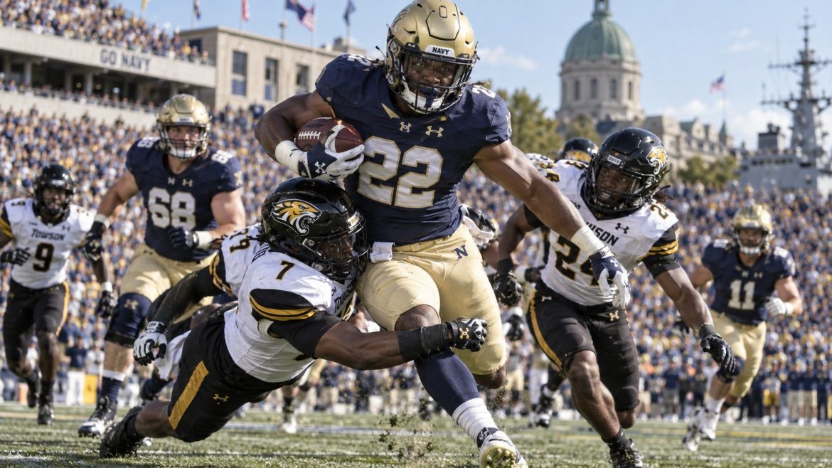 Navy vs Towson ended 42-15 as Braxton Woodson rushed for 200 yards and 3 touchdowns while the Midshipmen produced 506 rushing yards.