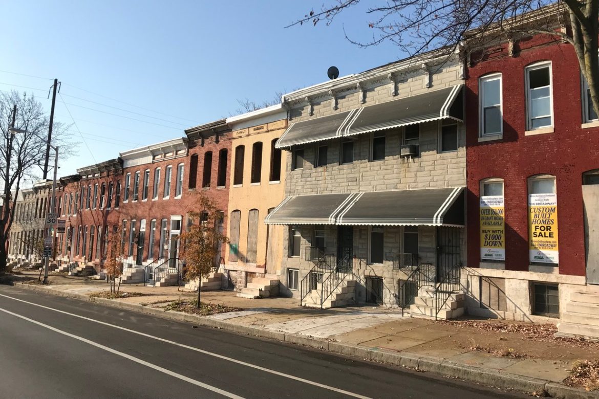 Brick rowhouses along North Broadway in Baltimore