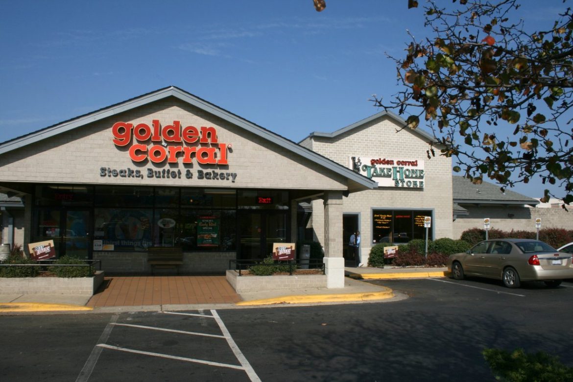 Exterior of a Golden Corral buffet restaurant with its red and gold sign