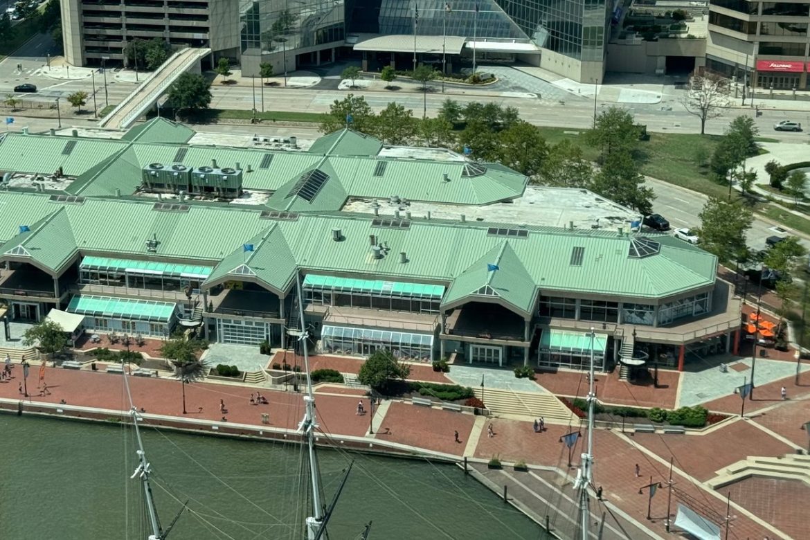 Harborplace Light Street Pavilion on the Inner Harbor promenade in Baltimore, seen from above