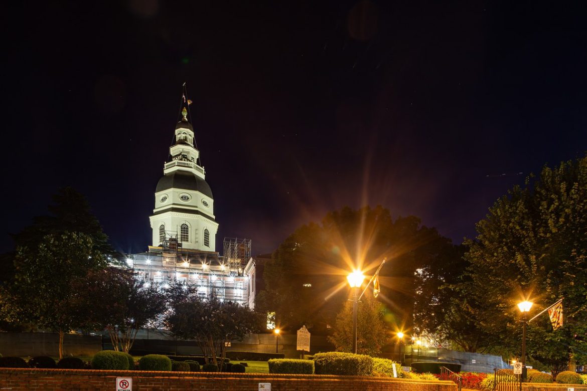 The Maryland State House dome in Annapolis lit up at night
