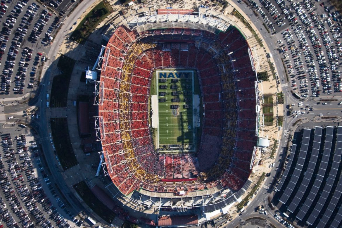 Aerial view of the Commanders stadium in Landover, Maryland, now Northwest Stadium