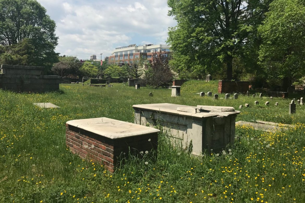 Box tombs and grave markers at Old St. Paul's Cemetery on West Redwood Street in Baltimore