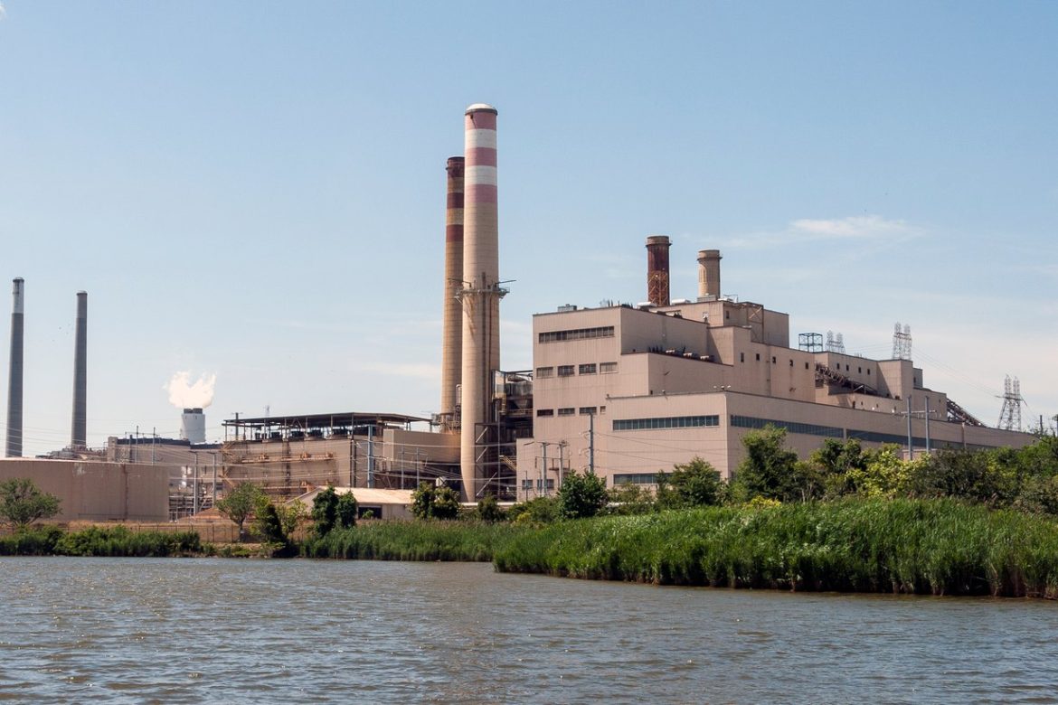 H.A. Wagner Generating Station smokestacks along the water in Anne Arundel County, Maryland